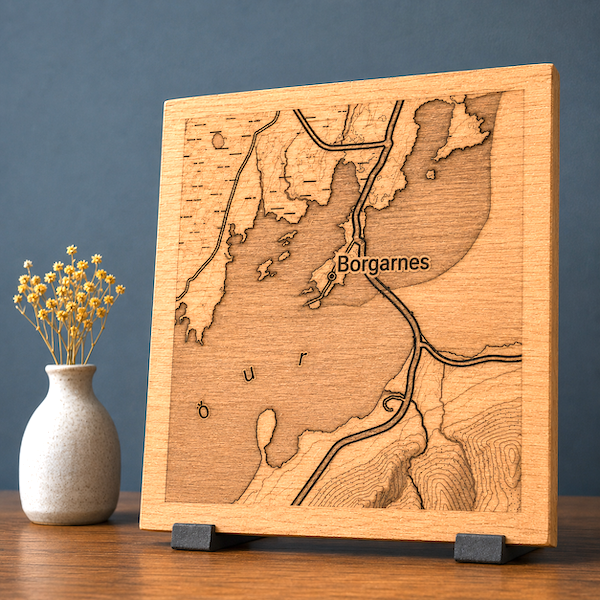 Borgarnes map wood engraved