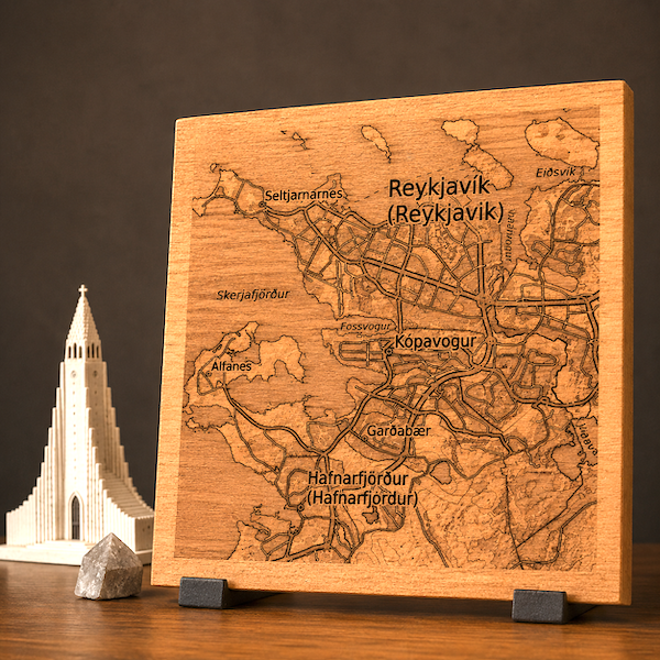 Reykjavik map wood engraved